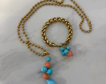 turquoise charm set , long summer necklace , chunky statement bracelet , maximal style