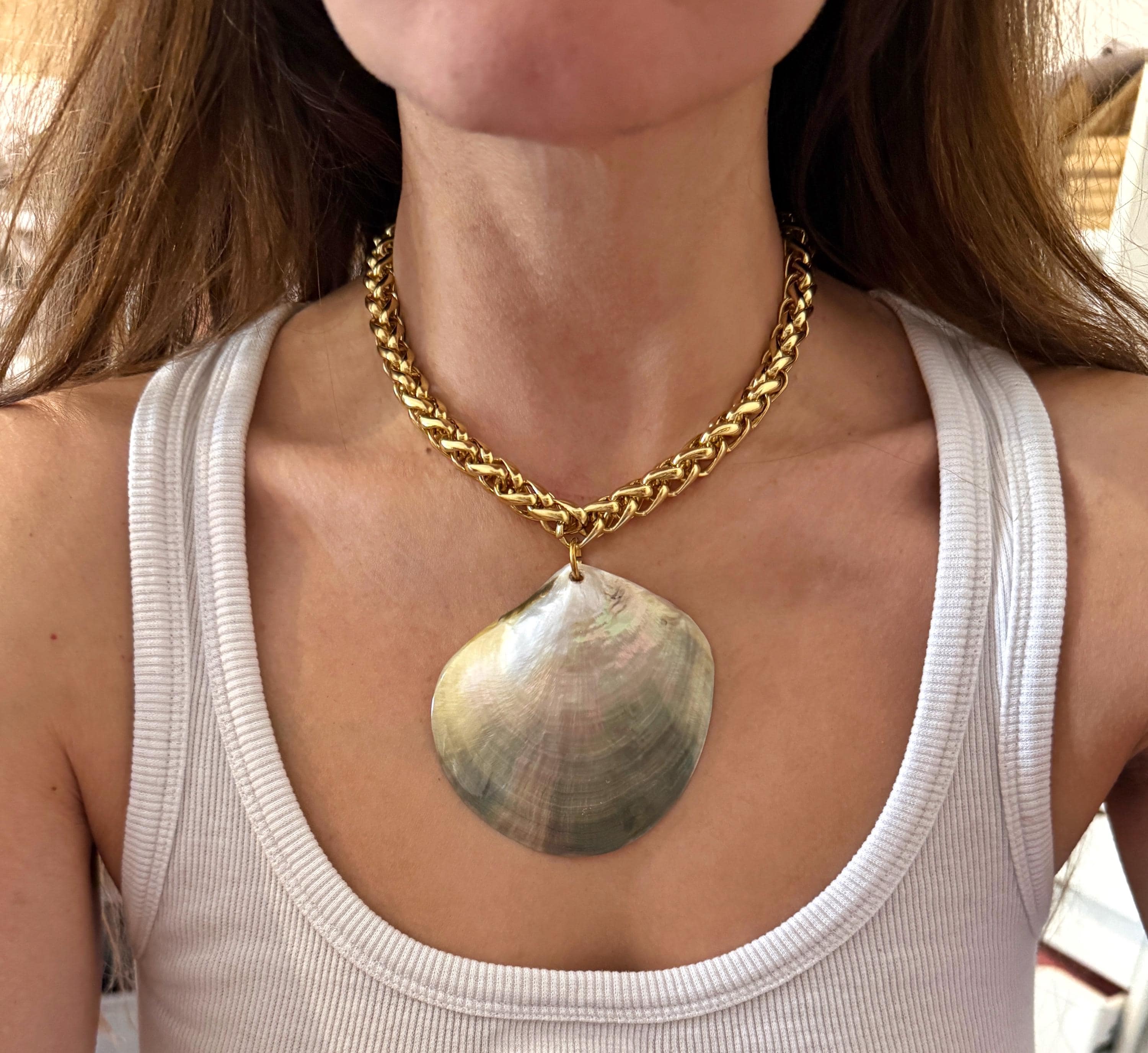 Shell Decorated Chain Shell Pendant Necklace, Gold Tone Bold Chain With Large Shell , Summer ...