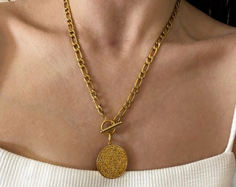 Gold tone Coin Necklace, Phestos Disc Pendant