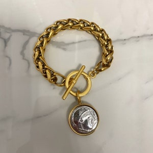 coin bracelet, coin bracelet for woman, large thick chain bracelet, gold silver tone bracelet, big toggle bracelet, statement bracelet