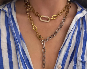 Carabiner chain necklace,  mixed silver gold tone chain necklace, layering statement chains