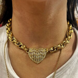 Heart necklace, gold tone necklace, chunky heart choker, large crystal heart pendant, big heart collar, necklace for woman, gift for her