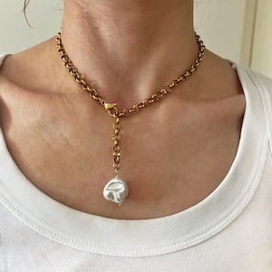 pearl pendant necklace, Baroque style shell charm necklace, rolo steel chain necklace with mother of pearl, adjustable length collier femme, image 8