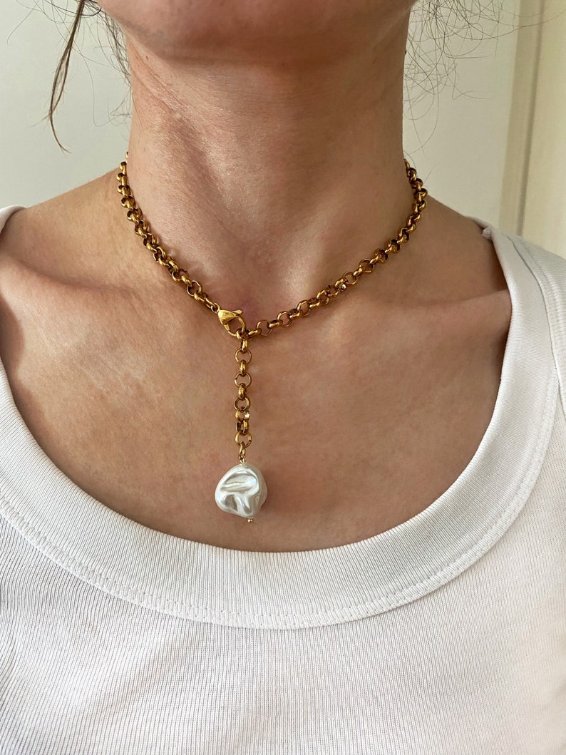 pearl pendant necklace, Baroque style shell charm necklace, rolo steel chain necklace with mother of pearl, adjustable length collier femme, image 8