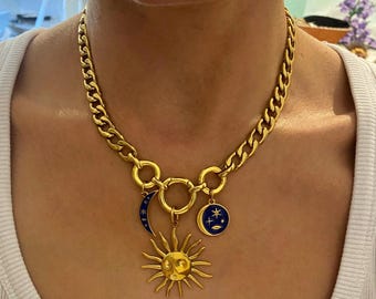 Sun & Moon Charm Necklace: 24k Gold Plated Celestial Jewelry