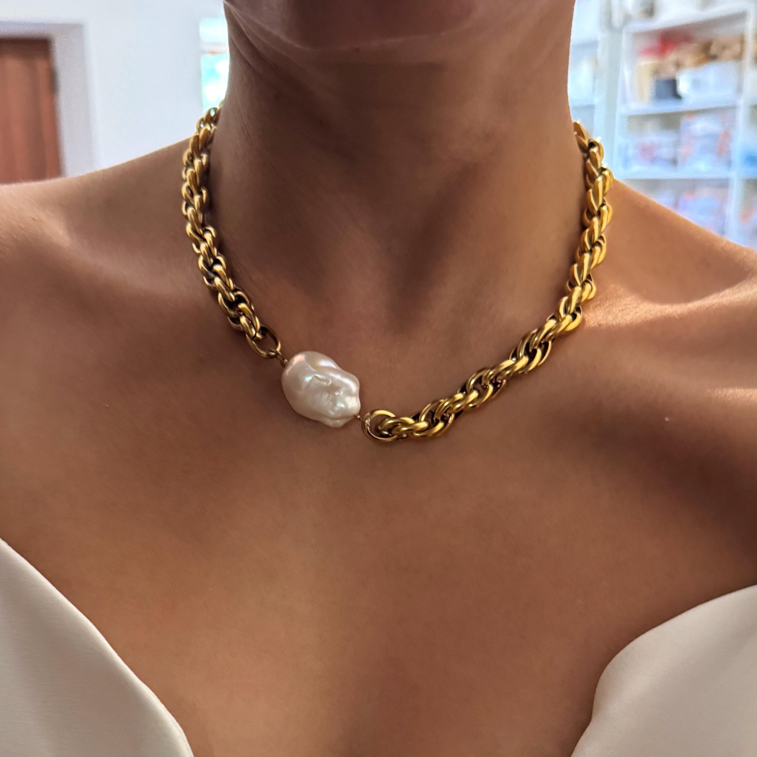 Baroque Pearl Pendant Necklace, Baroque Pearl Choker, Chunky Gold
