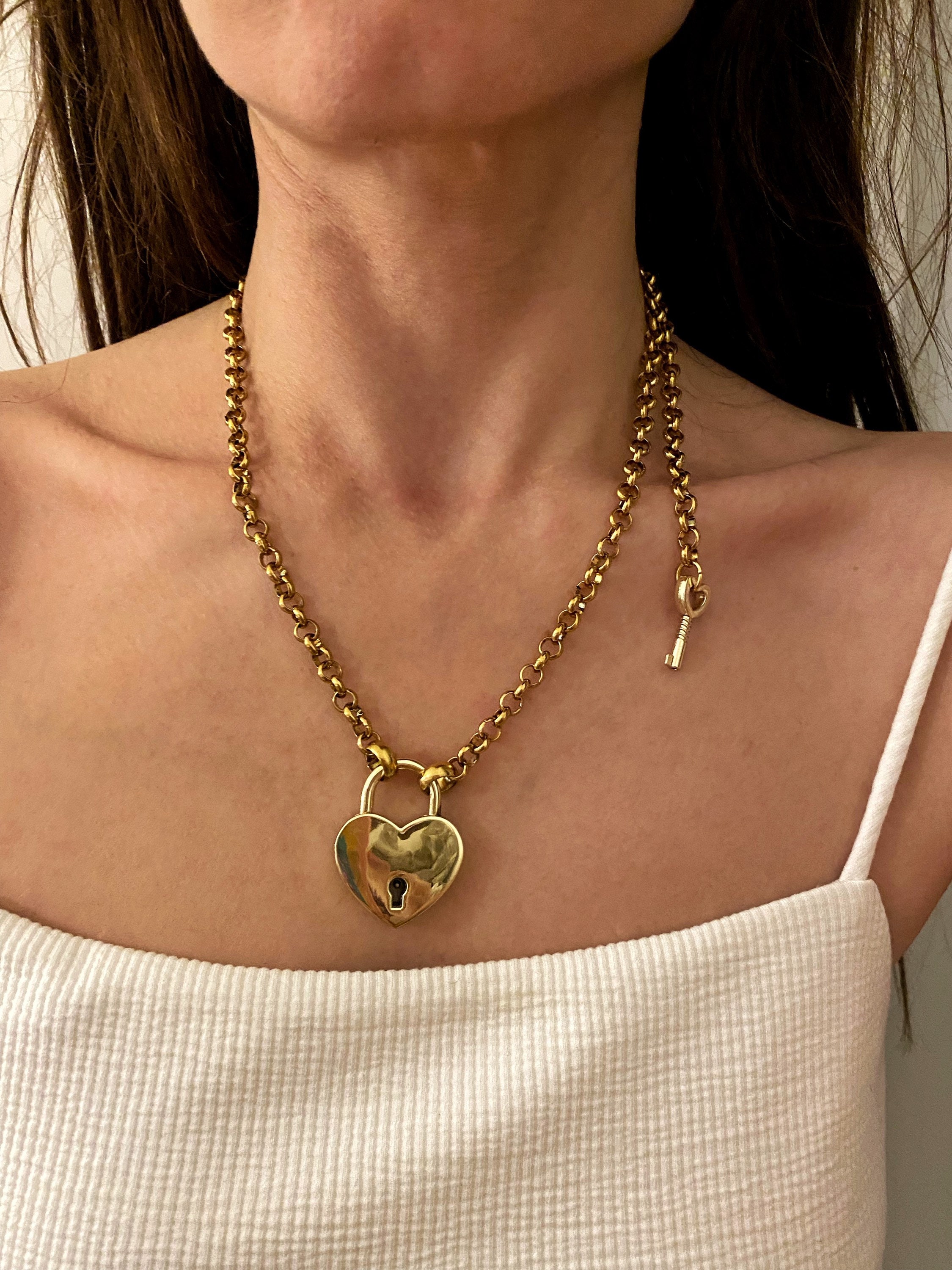 Padlock Necklace, Heart Pendant, Gold Chunky Necklace, Large 