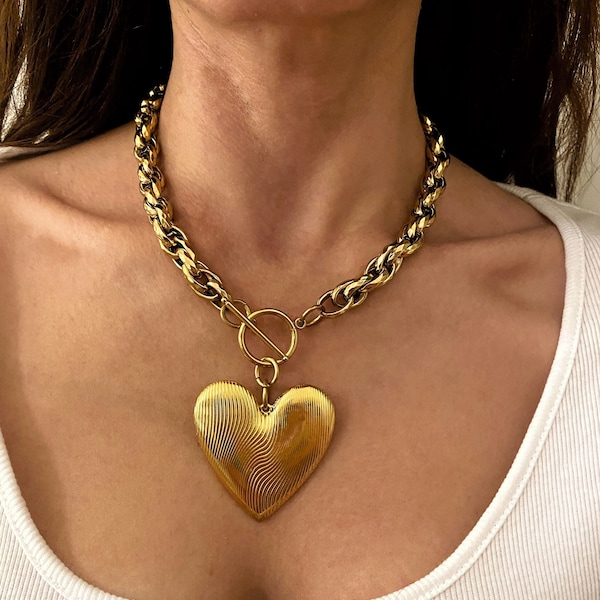 Oversized heart necklace, xl big heart necklace, large  heart choker, giant heart necklace, gold necklace for woman, Valentine’s Day gift