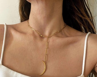Gold tone moon necklace, big moon necklace, crescent moon charm necklace, large moon necklace, gold paper clip chain necklace