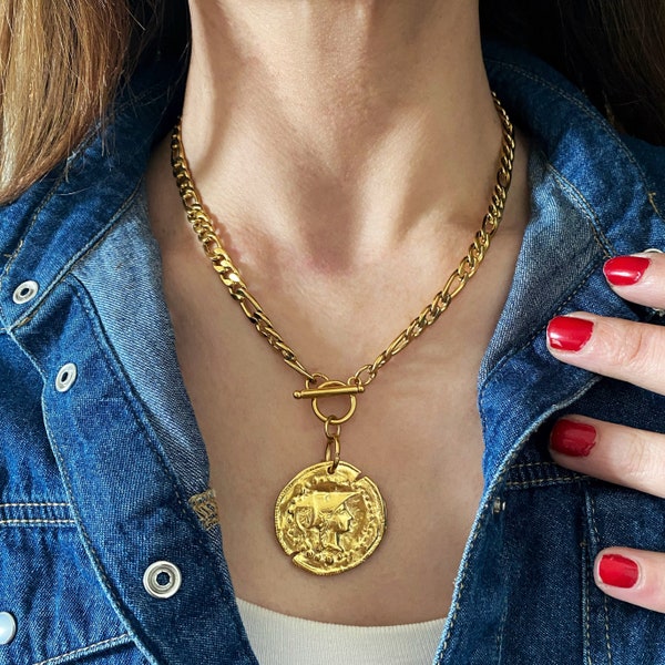 Gold plated coin necklace, gold tone necklace,  large Athina pendant necklace, Greek Gods coin jewelry, big coin necklace, chunky jewelry