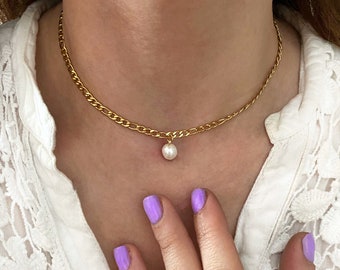 Tour de cou perle fraîche unique, collier minimaliste délicat, petit collier de chaîne en acier, bijoux modernes de tous les jours, collier court à chaîne fine