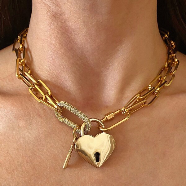Collier de cadenas de coeur, collier de chaîne de trombone, collier de mousqueton d'or, collier de fermoir de serrure ovale de zircon, collier de grand coeur
