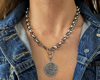 Silver coin  necklace, big  phestos disc coin necklace, medallion charm, retro style chain  coin necklace, Greek coin collier ethnique,