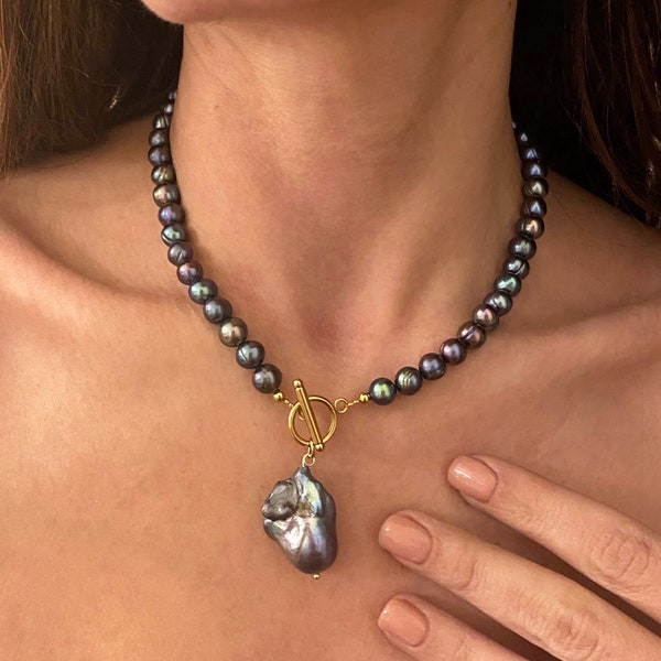 Collier de perles noires, grand collier pendentif en perles baroques, collier de perles boule de feu à bascule, collier de perles fraîches, perles de mer naturelles rares,