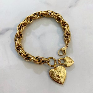 Hearts charm bracelet, chunky gold bracelet, gold statement bracelet, large retro style bracelet, Valentine’s Day gift