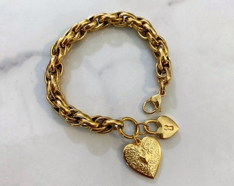 Hearts charm bracelet, chunky gold bracelet, gold statement bracelet, large retro style bracelet, Valentine’s Day gift