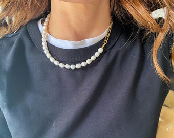 Half pearl half chain necklace, freshpearl choker, real pearl necklace for woman, everyday modern choker