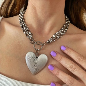 Chunky heart necklace, silver tone oversized large heart necklace, double steel chain necklace, toggle choker, giant heart necklace,