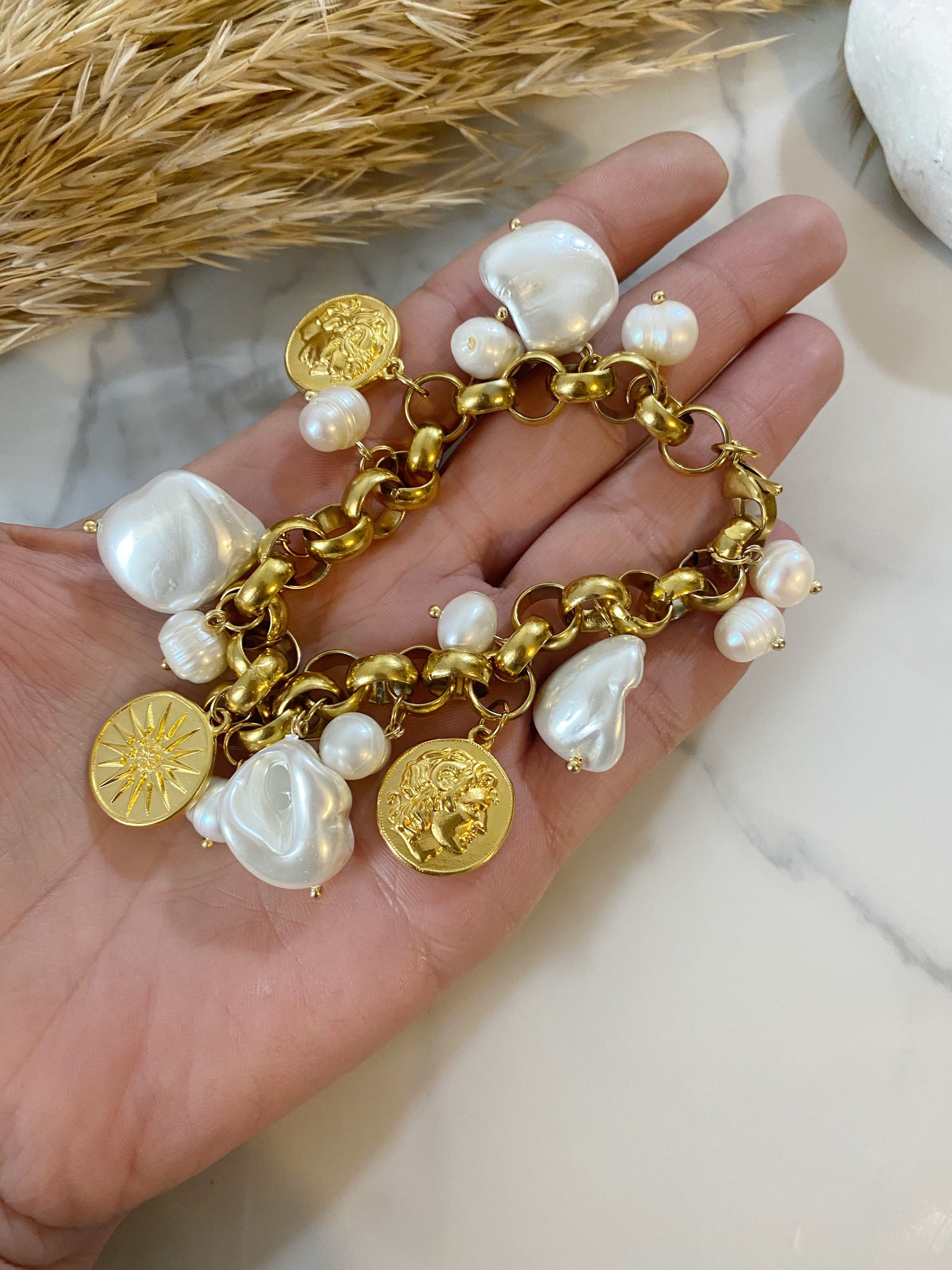 Dangling Charm Bracelet, Pearl Charm Bracelet, Large Aesthetic Bracelet  With Mother of Pearl Charms, Medallion Oversized Bracelet 