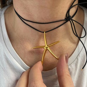 Starfish necklace, summer pendant necklace, black cord necklace, string necklace with gold plated charm,  sea lovers jewelry