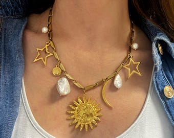 Gold Ton himmlische Anhänger Halskette: Sonne, Mond, Stern & Perle