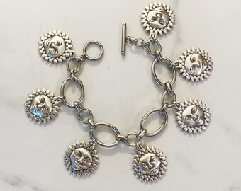 Sun charm bracelet, silver charms bracelet, multi charm bracelet, dangle chunky bracelet,  vintage style bracelet, large silver bracelet