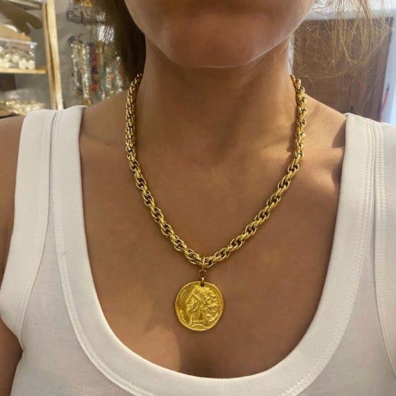 Coin Necklace for Woman, Large Coin Necklace Gold Tone Chunky