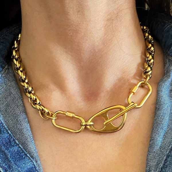 Gold tone  chunky necklace, carabiner link choker, thick gold modern chain necklace, large gold tone modern collar,