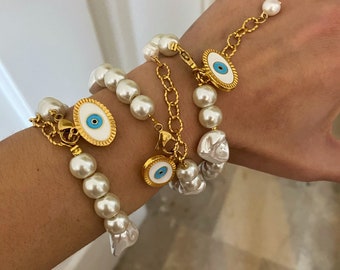 Evil eye bracelet, chunky glass pearls and mother of pearl bracelet, y2k jewellery, 90s aesthetic jewelry, bracelet femme, gift for her