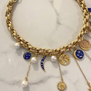 gold charm necklace, moon sun necklace, multi charms Bracelet, half moon necklace, chunky gold bracelet, many different charm necklace image 7