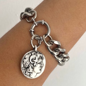 Coin bracelet, Chunky silver tone bracelet, oversized steel chain bracelet, large silver bracelet, bulky thick chain bracelet