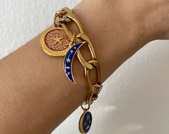 Gold charm bracelet, multi charm bracelet, moon star charm bracelet, chunky steel chain bracelet, celestial jewelry, crescent moon charm