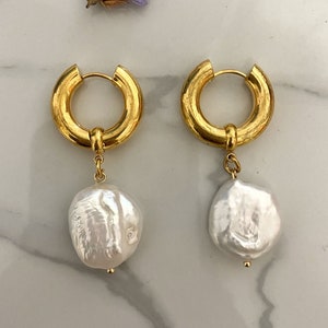 Pendientes de perlas, pendientes de perlas irregulares, aros con charms, pendientes de perlas frescas gruesas, pendientes de perlas grandes, pendientes para mujer