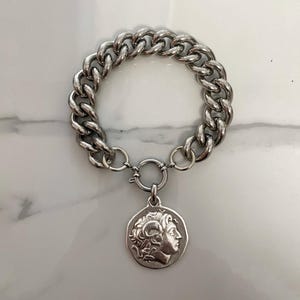 Coin bracelet, Chunky silver tone bracelet, thick heavy coin bracelet, oversized bracelet with removable charm, spring clasp bracelet