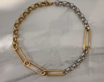 Pin style  necklace,  mixed silver gold tone chain, modern industrial jewelry