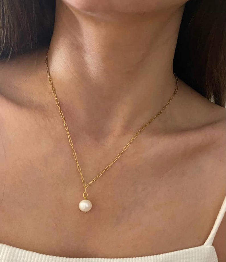 Pearl charm necklace, elegant chain with fresh pearl pendant, necklace for woman, bridal necklace, chain necklace, minimal necklace image 9