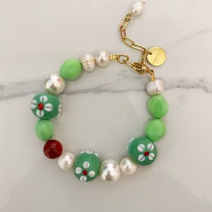 Green bracelet, Mismatched bead bracelet, chunky ceramic beads bracelet, large green bead bracelet, flower colorful bracelet