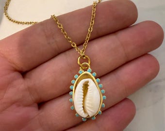 cowrie shell necklace, heart charm necklace, dianty everyday jewelry