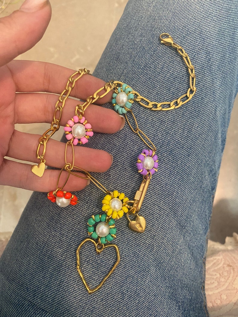 flower charm necklace, gold chain necklace with beaded charms, y2k jewelry, dangling collier femme, 2000s nostalgia, carabiner necklace image 7