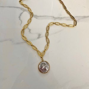 coin necklace for woman, mixed silver gold tone necklace, coin necklace,  steel chain with coin pendant, everyday simple jewelry