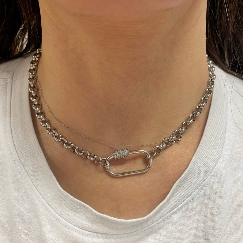 Collier mousqueton, collier à fermoir à vis, collier à breloques, collier en acier argenté, gros bijoux, collier minimaliste moderne image 1