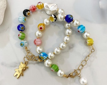 Italian beads bracelet, y2k aesthetic jewelry, gold bear charm bracelet, pearl beaded bracelet, 90s style jewelry, everyday colorful jewelry