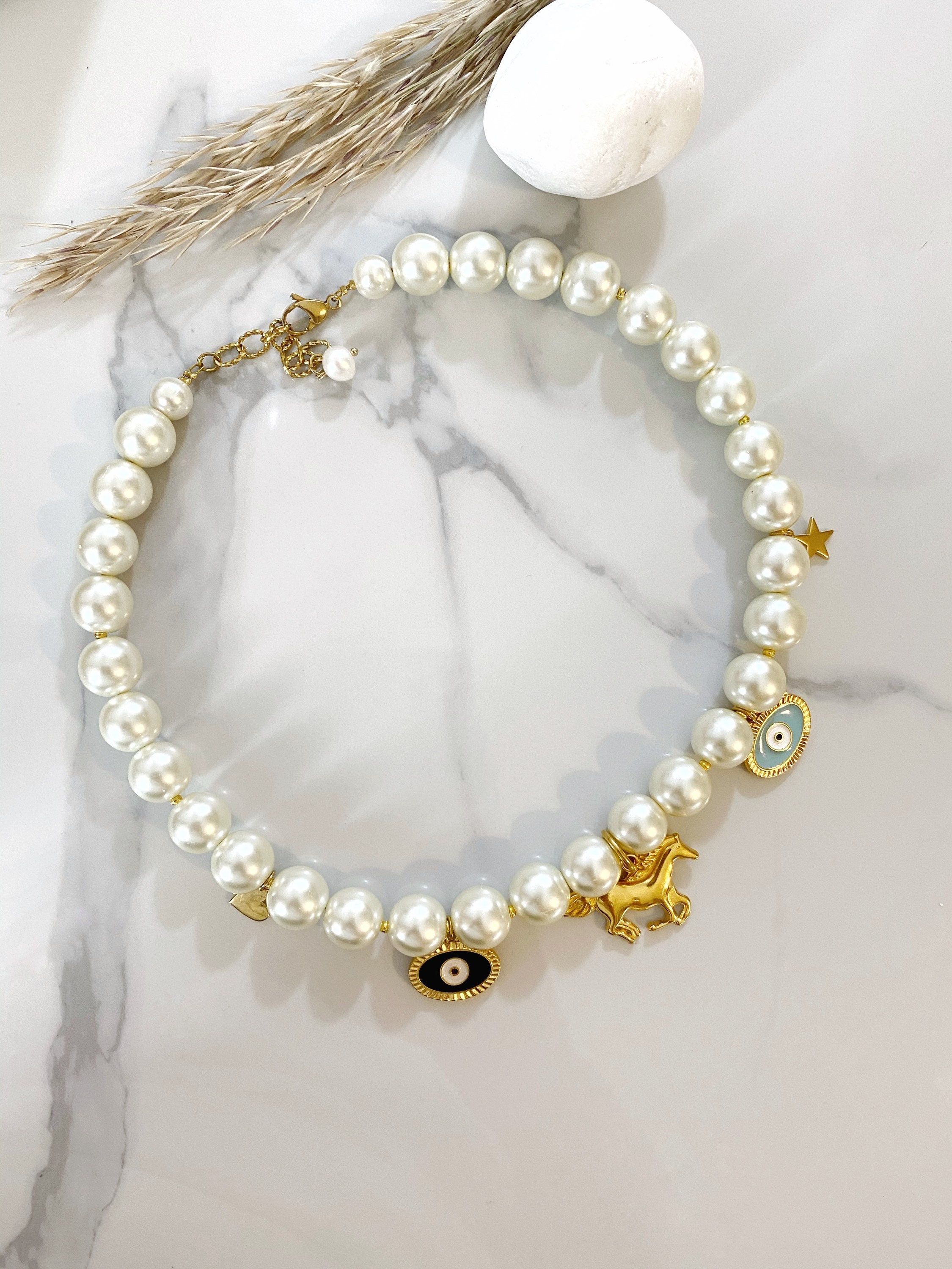 Big Pearl Necklace Xl Glass Pearls Choker With Charms Evil - Etsy