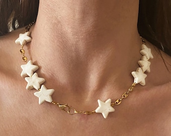 Star Howlite Gemstone Necklace, 90s Retro Y2K Chain