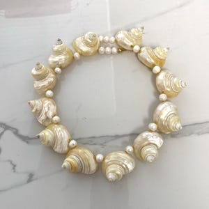 Op de afbeelding: Een ketting met crèmekleurige zeeschelpen en kleine, ronde parels. De schelpen zijn in een cirkelvormig patroon gerangschikt, verbonden door parels en goudkleurige accenten. De schelpen hebben een natuurlijke, getextureerde uitstraling.