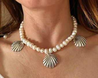 Three shell necklace, silver tone clam necklace, freshpearl mermaid jewelry, large real pearl necklace