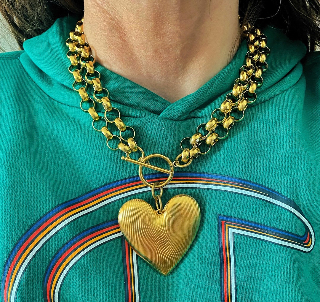 Heart Necklace, Gold Oversized Heart Necklace, Toggle Necklace With