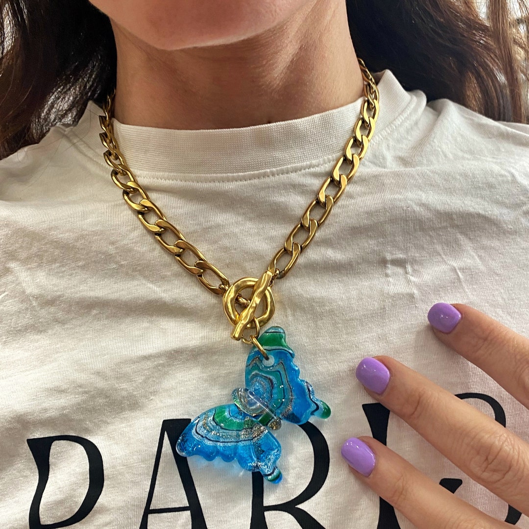 Glass Butterfly Necklace, Y2k Jewelry, Large Lamp Work Butterfly