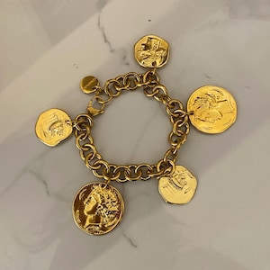 Coin bracelet for woman, multi charm bracelet, gold tone chunky bracelet, anniversary birthday gift, coin bracelet, oversized large bracelet