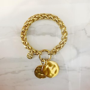 Coin bracelet, removable charm bracelet, chunky gold tone bracelet, round lock clasp  bracelet, coin bracelet for woman, gift for mother